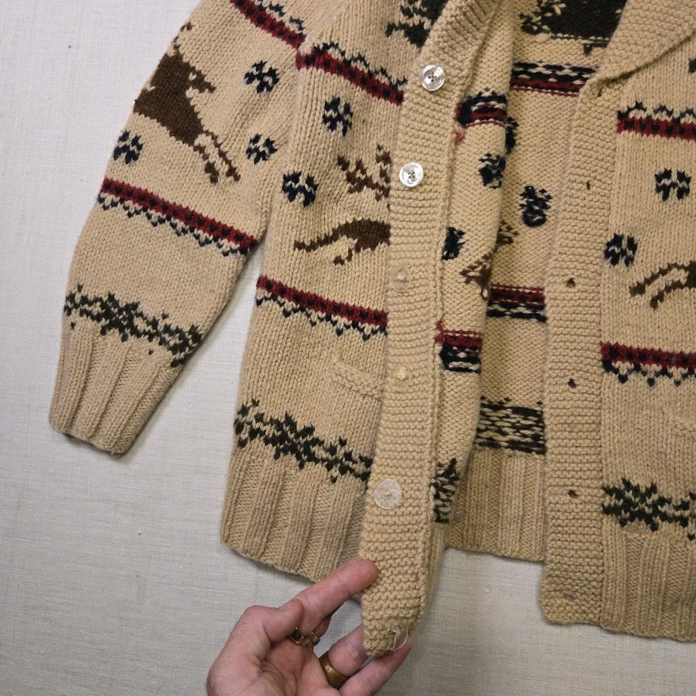 VTG L.L. Bean Reindeer Wool Cardigan Sweater Tan Women Small Shawl Collar Pocket